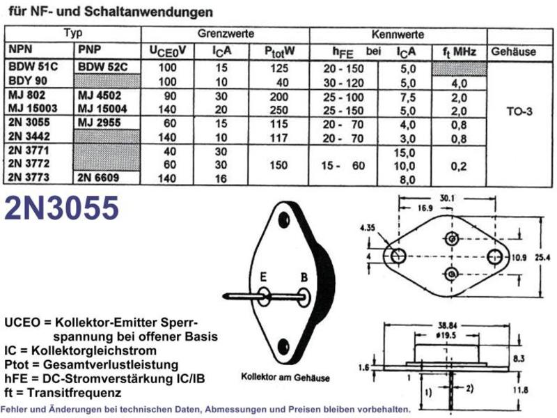 NPN Transistor 15A 60V TO-3 Type 2N3055, Grieder Elektronik Bauteile AG
