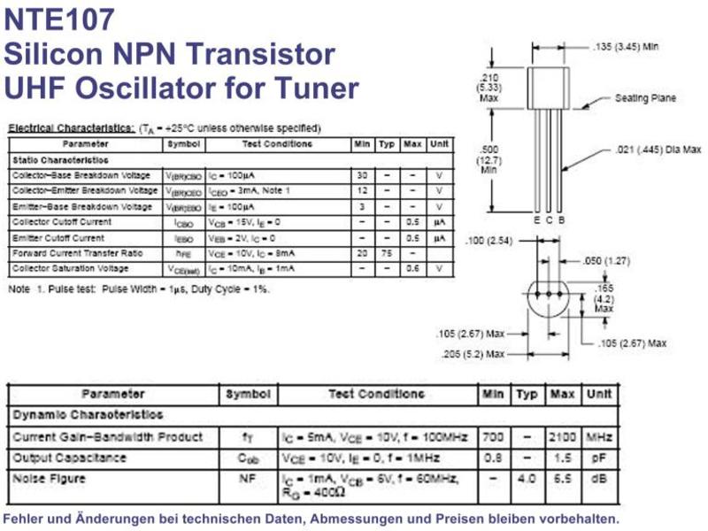 25 mA Collector Current 30V Collector-Base Voltage NTE Electronics NTE107 NPN Silicon Transistor for UHF Oscillator Tuner TO-92 Case 