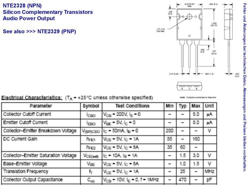 200V NTE Electronics NTE2328 NPN Silicon Complementary Transistor 15 Amp Audio Power Output TO3PBL Type Package