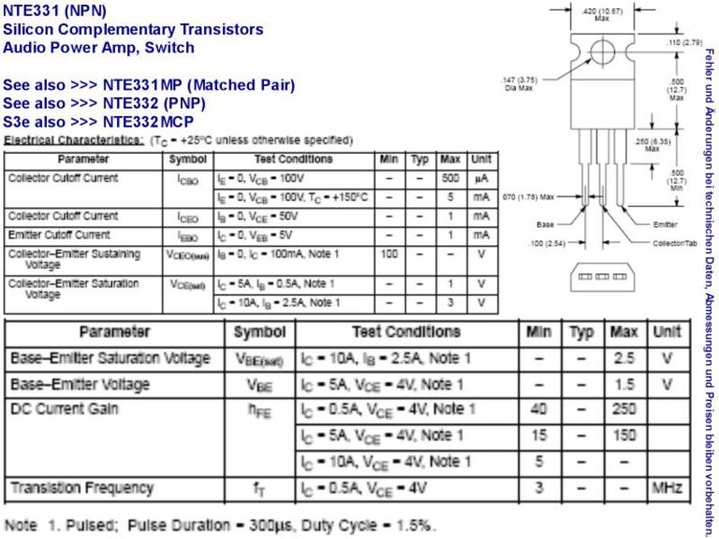 NTE Electronics NTE331 TRANSISTOR NPN SILICON 100V IC=15A TO-220 CASE COMPL TO NTE332 AUDIO POWER AMP Inc 