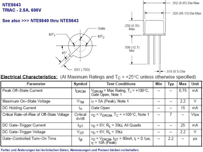 2.5 Amp 600V Inc. TO-5 Package NTE Electronics NTE5643 Triac 