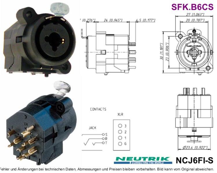 Embase Neutrik NCJ6FI-S, femelle, combo XLR 3 points + Jack 6.35 mm stéréo,  corps polyamide