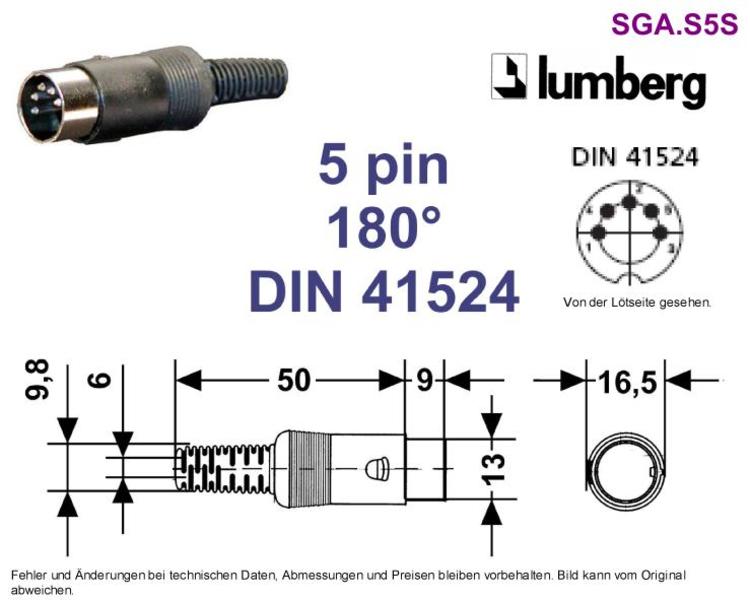DIN-Stecker 5-pol stereo Teilung=45o Winkel=180o DIN41524 LUMBER