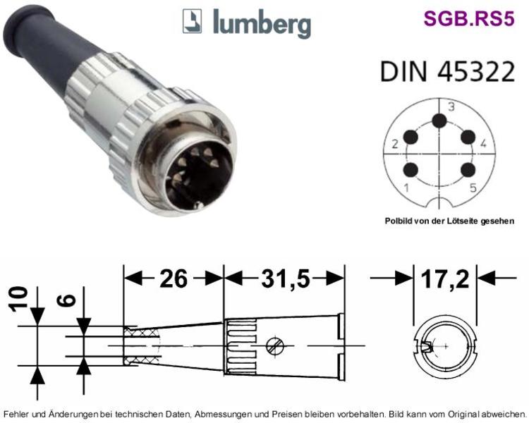 DIN-Stecker Bajonett 5-pol Teilung=60o Winkel=240o DIN45322, Grieder  Elektronik Bauteile AG
