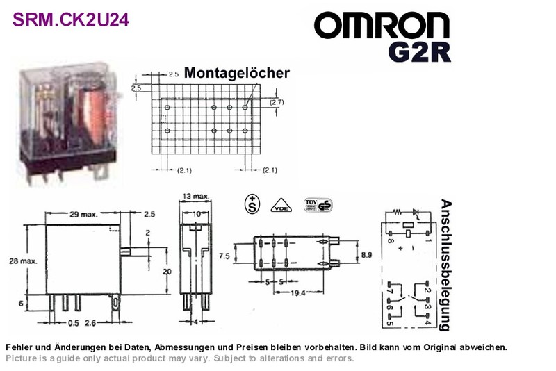 Relais G2R-2 24V DC, 5A, DPDT Omron