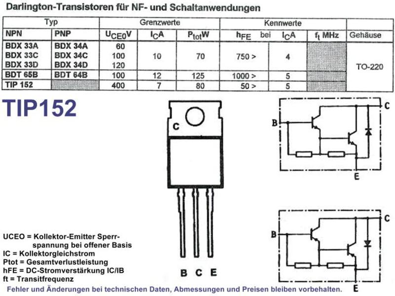 NPN 80W 400V Darlington 7A bipolar  TO220-3 TIP152 NPN Darlington TH Transistor 