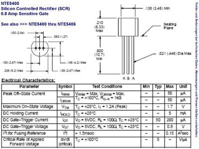 8A NTE Electronics 2X NTE5400 Thyristor 30V 0,8A 0,2mA THT TO92 Ifsm